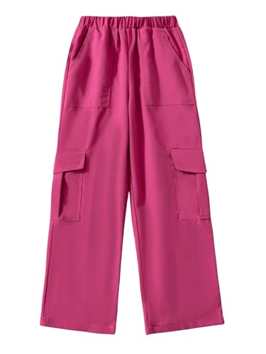 Image of Verdusa Girl's Elastic Waist Straight Leg Cargo Pants Casual Long Trouser with Pockets Hot Pink 8Y