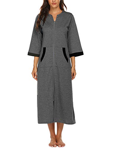 Image of Ekouaer Women Zipper Robe 3 /4 Sleeves Loungewear Dress Full Length Sleepwear Pockets Housecoat Nightgown Long Bathrobe