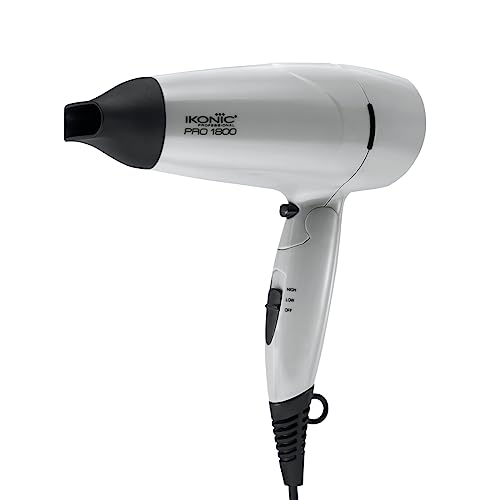 Ikonic 1800 Pro Hair Dryer Grey 2-Speed Temperature Settings with Cool Shot One Nozzle for Concentrated Airflow Spiral Device Cable Folding Design Travel Friendly, 1800W All Hair Type