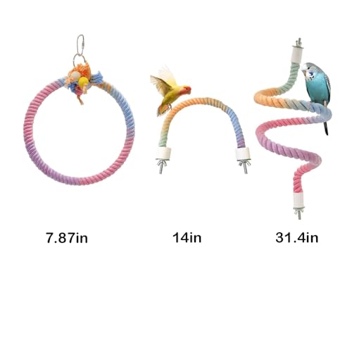 Image of 3 Pcs Bird Perch Rope Stand & Swing Ring Set Climbing Rope Playing Toys for Bird Cages Colorful Stand Perches for Parrots Lovebird Cockatiels