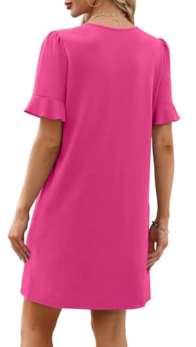 Image of OFEEFAN Summer Dresses for Women Ruffle Short Sleeve V Neck Casual Shift Dress with Pockets