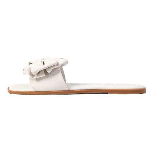 Image of Women's Bow Flat Sandals Open Saquare Toe Comfortable Slide for Wedding Beach Vacation