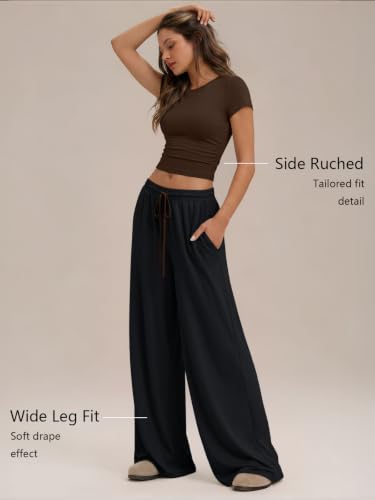 Image of Trendy Queen 2 Piece Matching Summer Lounge Set Womens Side Ruching Top Wide Leg Pants Sets with Pockets