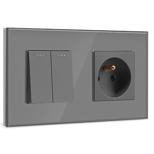 BSEED Interrupteur avec prise Gris,2 Gang 1 Voie Interrupteur d'éclairage pour la salle de bains +Schuko Prise Murale,10A Interrupteur à bascule avec panneau en verre+16A prise murale
