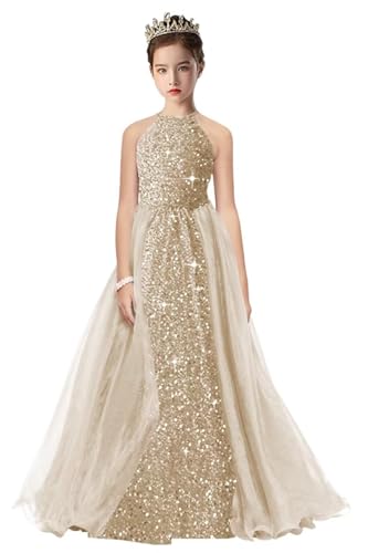 Sequin Flower Girl Dresses Halter Pageant Dresses Sparkly Ball Gown Girls Princess Formal Party Prom Dress