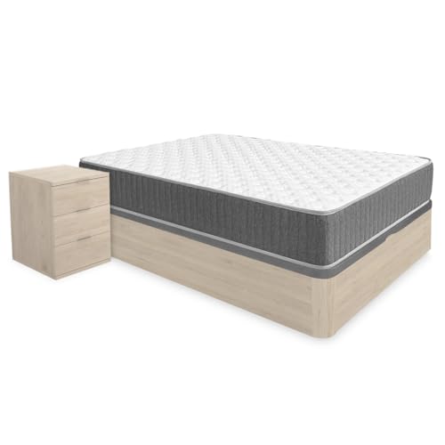 DEKIT - Pack Ahorro Dormitorio Canapé Round con Dos mesitas y con 1 Colchón viscoelástico con muelles ensacados Aurea 150 x 190cm