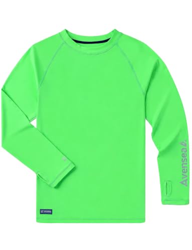 AVENSEA Boys Rash Guard Swim Shirt UPF 50+ Long Sleeve,Instant Cooling UV Sun Protection Toddler Kids Shirts for Beach Surf（Glow Grass,14-16Y）
