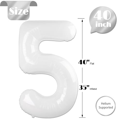 Image of White 5 Balloon, Translucent Number Balloons 40 Inch, 5th Birthday Balloon Decorations, White Party Supplies, 5 Number Balloons, Number 5 Balloon
