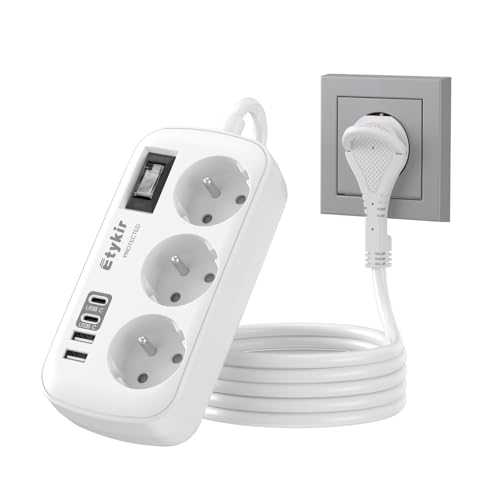 Multiprise Plate avec Interrupteur, Prise Plate avec 4 USB(2 USB-C), 3 Prises Multiprise Parafoudre et Surtension, Rallonge Prise Plate pour Bureau Maison, 1,5M Blanc