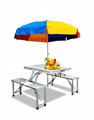 SHAJ MART Folding All-in-One Aluminium Table & Chair | Compact & Foldable Set for Camping, Picnic, Garden, Outdoor & Indoor Use (White)