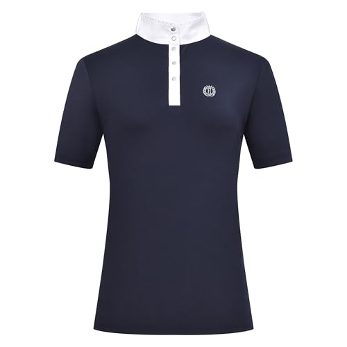 Imperial Riding Damen Turniershirt IRH Basic Glam, Kurzarm Reitshirt mit Stehkragen, Polo-Knopfleiste und Strass-Details, Navy, 2XL