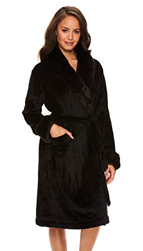 Tahari Women Plush Warm Faux Fur Pajama Lounge Robe Bathrobe Black Medium