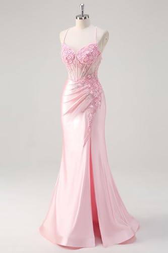 Mermaid Prom Dresses with Slit for Women Lace Appliques Satin Prom Dress Spaghetti Straps LW094