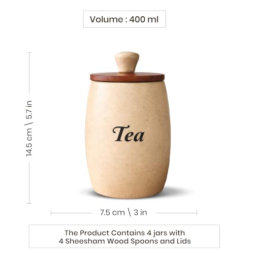 Image of Ceramic Tea Coffee Sugar Salt Containers Set of 4 with Wooden Spoons & Lids | Jar & Container for Kitchen Storage Set | Multi Utility Air Tight Kitchen Organizer Item (Hand-Painted, 400 ML)