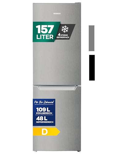 Heinrich´s Kühlgefrierkombination mit 157 L Gesamtvolumen, 109 L Kühlvolumen 48 L Gefriervolumen, LED Beleuchtung, Türanschlag wechselbar, verstellbare Füße, leise 39 dB, große Tiefkühlboxen, Inox