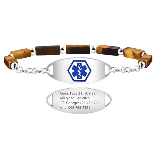 Mayfaith Fashion Elderly Waterproof Customized Medical ID Stainless Steel Bracelet, Comfortable Low-Allergy Tiger Eye Stone Health Warning Jewelry, Emergency Contact ID Bracelet
