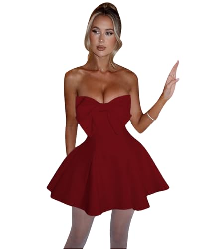 Image of JUMISEE Women's Elegant Bow Strapless Homecoming Dress A Line Swing Tube Mini Dress Short Evening Party Prom Dress