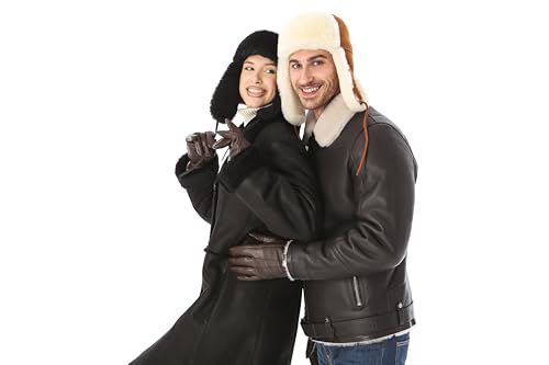 Image of Leather Aviator Shearling Ushanka Trapper Hat Russian Sheepskin Cap Real Fur Winter Hat with Ear Flaps for Men Women