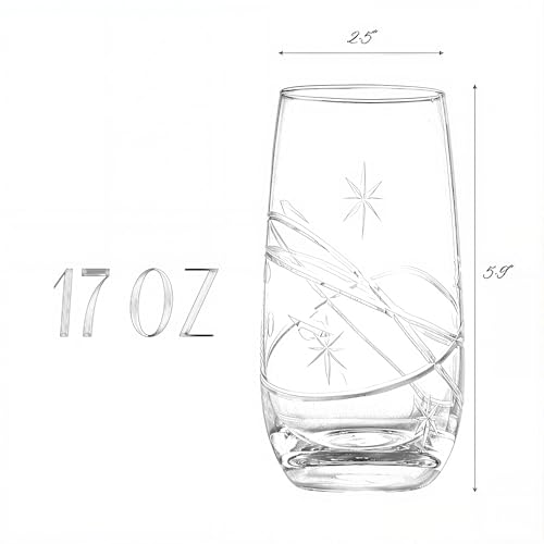 SHOSHIN Hand-Cut Highball Glasses – Elegant 17 oz Lead-Free Crystal Drinking Glasses with Space Pattern, Dishwasher Safe, Perfect for Water and Collins Cocktails (Set of 4)