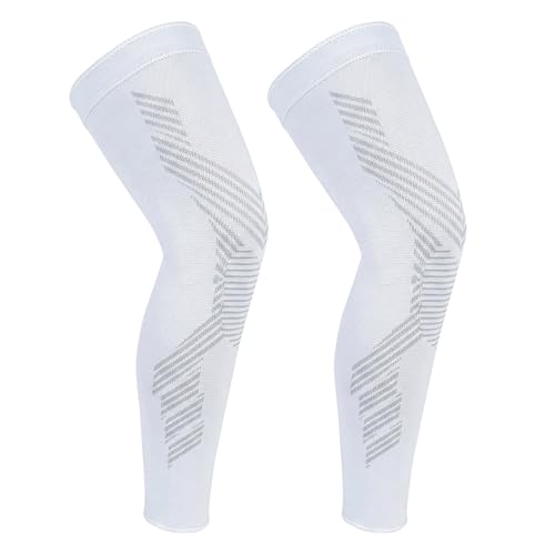 NuVigor 2 Pack Full Leg Compression Sleeves Long Knee Support with Anti Slip for Men Woman Elastic Long Knee Brace for ACJ Meniscus Tear Arthritis Tendinitis Basketball Cycling Thigh Calf (White M)