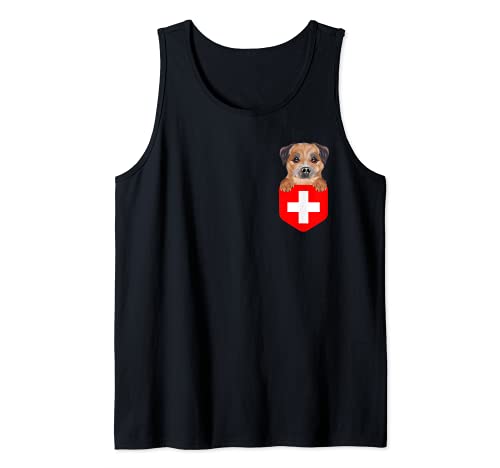Switzerland Flag Border Terrier Dog In Pocket Tank Top, Black