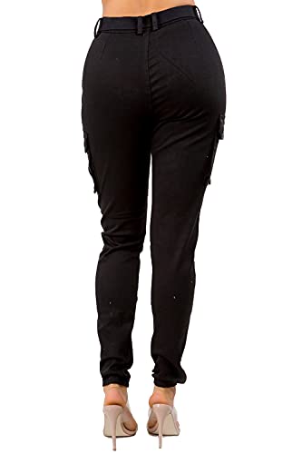 Twiinsisters Women's High Waist Slim Fit Color Cargo Joggers Pants With Matching Belt - Large, Black #TOP1