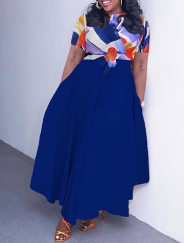 Image of Hostoyo Women Plus Size Formal A Line Maxi Dress Self Tie Waist with Pockets Elegant Round Neck Swing Long Dresses