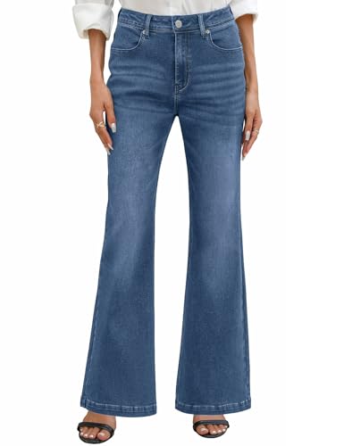 PASUDA Vaqueros Mujer Elásticos Pantalones de Campana Cintura Alta Jeans Flare Pantalones Bootcut Vaqueros Slim Fit Retro Tallas Grandes con Bolsillos (Azul Marino, M)