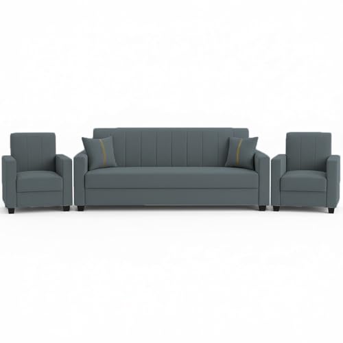 Image of FURNY Cosmos 5 Seater Fabric 3+1+1 Sofa Set (Dark Grey) Premium Velvet Finish | Durable Comfort | Ideal for Living Room