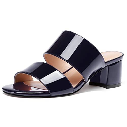 WAYDERNS Women's Slip On Open Toe Patent Chunky Low Heel Slides Two Piece Sandals 2 Inch