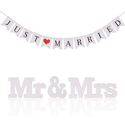 PATAZOK Bannière Just Married, Banderole Mariage Décoration Guirlande Just Married avec Mr & Mrs Décoration de Table pour Anniversaire de Mariage Décorations Fête Partie Cover