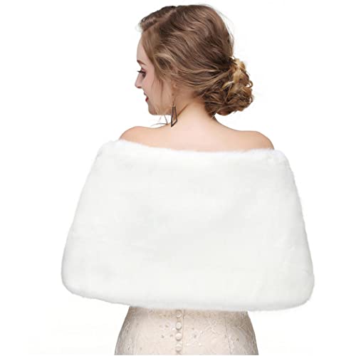 Bounzhi Women's Faux Fur Shawl Wraps Bridal Scarf Stoles Wedding Shrug Cover Up with Ribbon for Bride and Bridesmaids (White)4