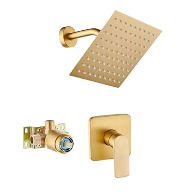 Brushed Gold Shower Faucet Single Function Trim Kit with Rough-in Valve Set Bath Rainfall Shower System 8inch Square Stainless Steel Metal Shower Head
