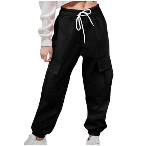 Kids Cotton Cargo Pants Multi Pockets Thick Warm Straight Long Pants Boys Girls Drawstring Straight Elastic Trousers
