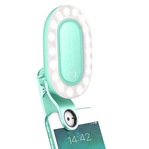 Selfie Ring Light for iPhone and Video, Mini Rechargeable Battery Operated Clip-On Fill Light with 9-Level Brightness and 32 LED Bulbs for/Photo, Android, iPad, Tablet, Laptop, Make up (Blue)
