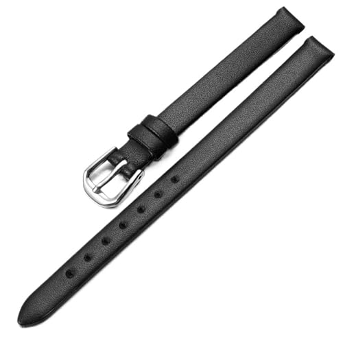 MGVGKETZTB Genuine Leather Watch Bracelet Womens Fashion Watchband Wristwatches Mini Band 6mm 8mm 10mm 12mm Small Strap(Black silver buckle,6mm)