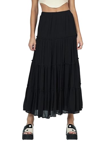 Women Summer Tiered Maxi Skirt Elastic High Waist A Line Boho Beach Dress Flowy Big Swing Long Skirts