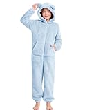 COZYPOIN Unisex Kids Fleece Jumpsuits Girls Fuzzy Hooded Rompers Zip Up One Piece Costume Warm Cute Clothes for 5-14 Y(Blue-S)