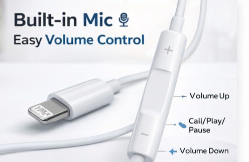 Image of Wired Earphones Compatible with iPhone, Lightning Connector, in-Ear Headphones, White