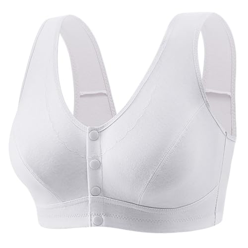 Front Close Wireless Bras for Women, Comfortable Full Coverage Snap Closing Breathable Sports Bra Senior Everyday Bralette (White,8X-Large)
