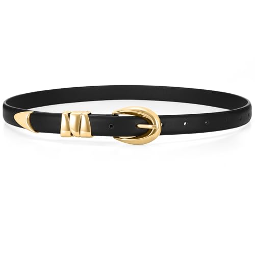 WHIPPY Women Skinny Leather Belt for Jeans Pants Dresses Ladies Fashion Waist Belt with Shiny Gold Buckle,Black Gold,M