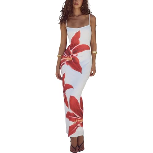 Image of Womens Summer Casual Floral Dresses Spaghetti Strap Bodycon Maxi Beach Dress Elegant Evening Party Long Dresses