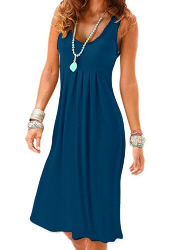 Image of Camisunny Women Casual Loose Tank Dresses Sleeveless Beach Vacation Dress Swing Pleated U Neck Fashion Soft