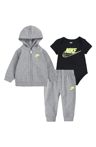 Image of Nike Baby Boys Bodysuit, Full Zip Hoodie & Pants 3 Piece Set (G(56I553-GEH)/B, 3 Months)