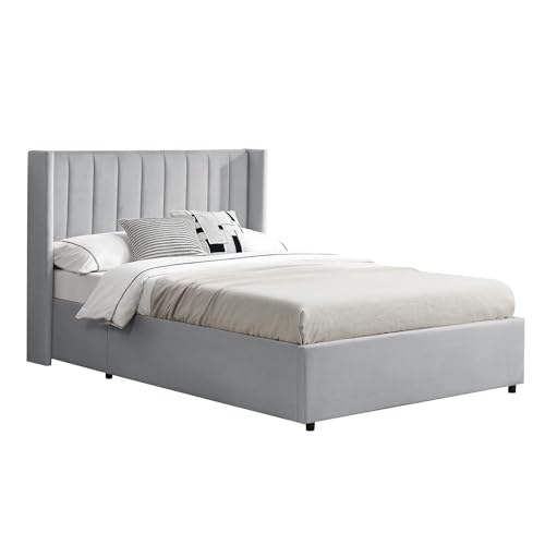 Juskys letto imbottito Savona 120x200 cm, letto con contenitore, rete a doghe, rivestimento in velluto, struttura in legno, fino a 250 kg, testiera grande, grigio chiaro