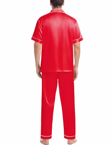 Couples Matching Pajamas Set Silk Satin Short Sleeve Sleepwear Men Button Down Loungewear Red Medium4