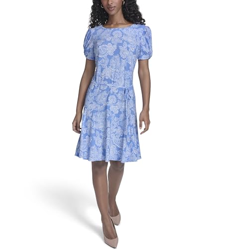 Image of Tommy Hilfiger Women's Puff Sleeve Crew Neck Jersey Shift Mini Dress