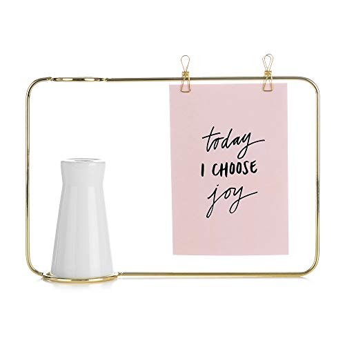 SS&Y Prisma 5x7 Picture Frame – Geometric Wire Photo Frame for Desktop Matte Brass - Photo Frame with a Beautiful Flower vase.