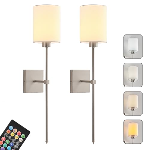 Image of Battery Operated Wall Sconce Set of Two,Wireless Rechargeable Wall Lights With Remote Control,Dimmable,4 CCT,RGB,Timer,Cordless Decor Lighting for Living Room, Bedroom, Entryway, Nickel, 26.8 Inch