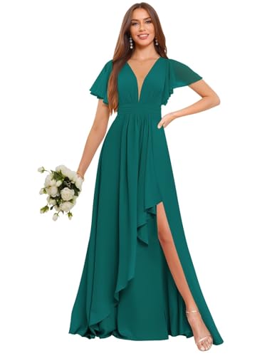 Image of Deep V Neck Chiffon Bridesmaid Dresses Ruffle Formal Dress with Sleeves Pleated High Low Evening Gowns for Women